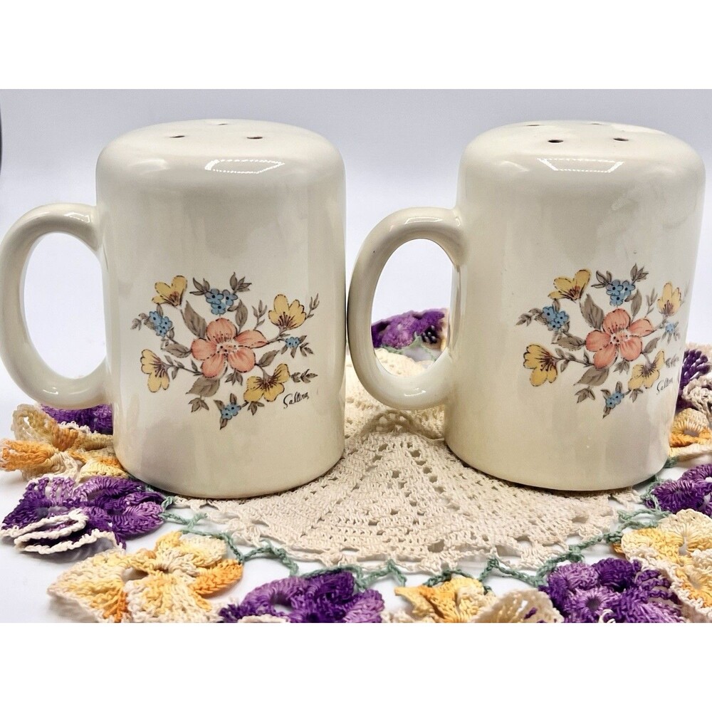 Vintage Saltera "Floral Mist" Mug-Style Salt & Pepper Shakers 1985 Cottagecore